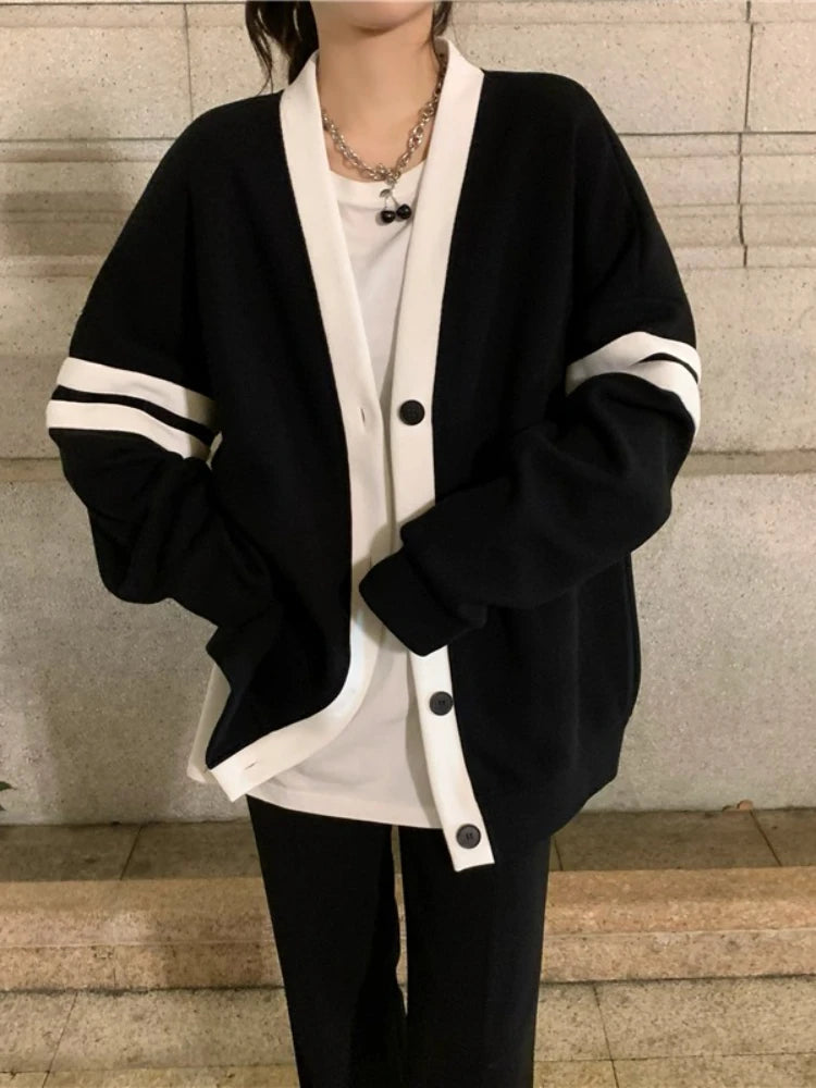 Varsity Cardigan Sweater for Women Long Sleeve V-Neck Button-up Knit Slouchy Cardi Korean School-girl Preppy Fall Winter Outfit voguable