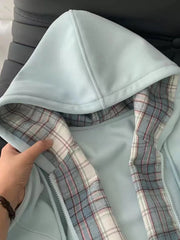 Plaid Patchwork Blue Hoodies Women Sweet Preppy Style Long Sleeve Cute Sweatshirts Loose Casual Vintage Female Korean Tops New voguable