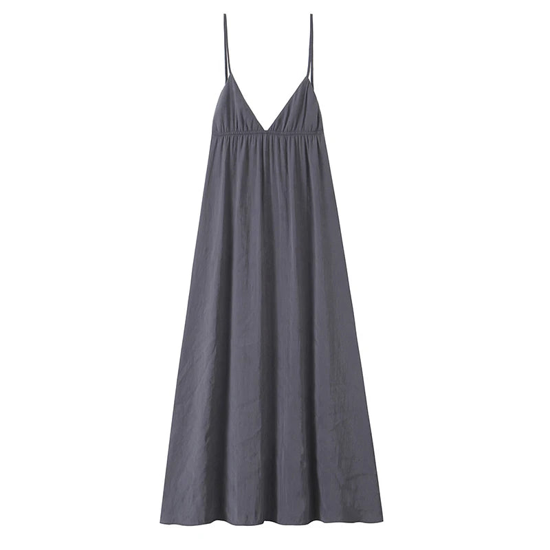 Sexy Backless Flowy Midi Slip Dress Women High Waist V Neck A-line Holiday Summer Dresses Casual Beach Vestidos voguable