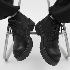 Voguable  Unisex Height Increasing Leather Boots – Vintage Round Toe Lace-Up Thick Bottom Ankle Shoes for Fall Winter Daily Wear voguable