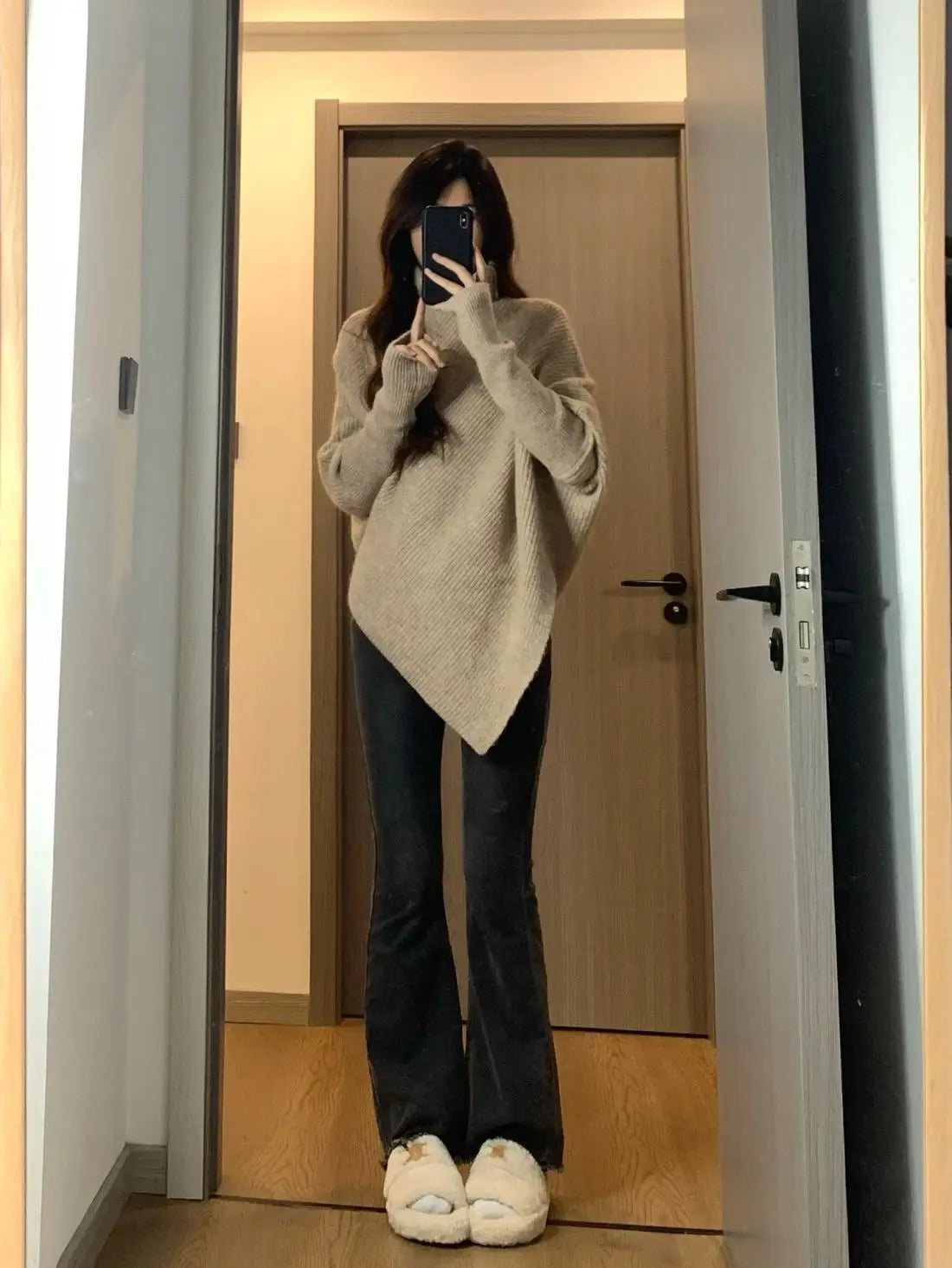 Autumn Winter New Women Sweater Korean Fashion Chic Casual Turtleneck Solid Asymmetr Loose Batwing Sleeve Pullovers Knitted Tops voguable