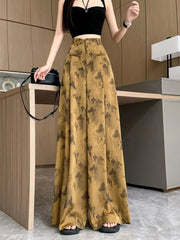 Bufferfly Print Satin Wide Leg Pant Women Loose Elegant Fashion High Waist Korean Trousers Casual Sweet High Quality Pants voguable