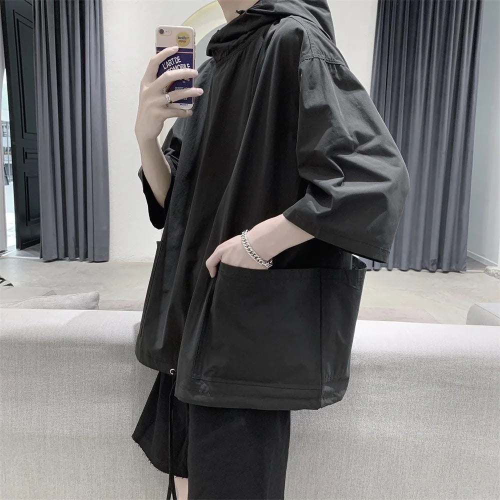 Voguable  Trendy Summer Hooded Sweatshirt Men's Harajuku Style Loose Fit Capucha Short Sleeves T-shirt Thin Jacket Five Minute Sleeves voguable