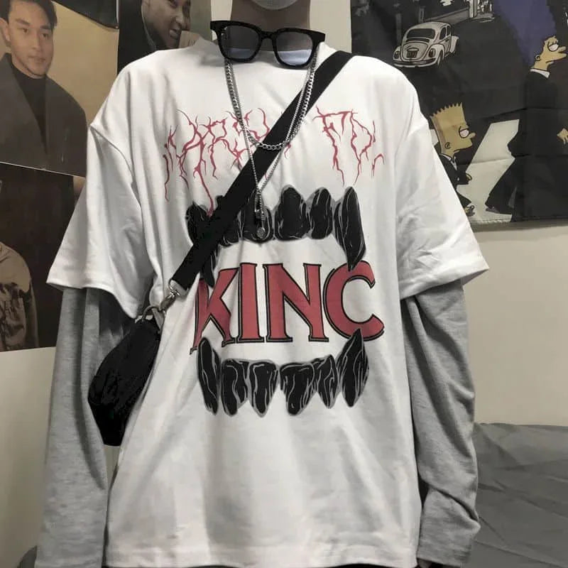 T-shirt Cross of Thorns fake two-piece for men women long-sleeved dark hip-hop loose large size autumn new trend top Simplicity voguable
