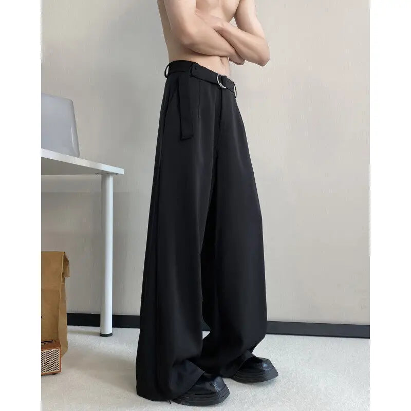 Black Belt Suit Pants Men Fashion Society Mens Dress Pants Korean Loose Wide Leg Pants Mens Office Formal Trousers Plus Size voguable