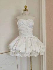 Fashion White 3D Flower Flods Strapless Puffy Dress Women's Slach Neck Slim Fit Big Swing Mini Dresses Summer 3A120 voguable