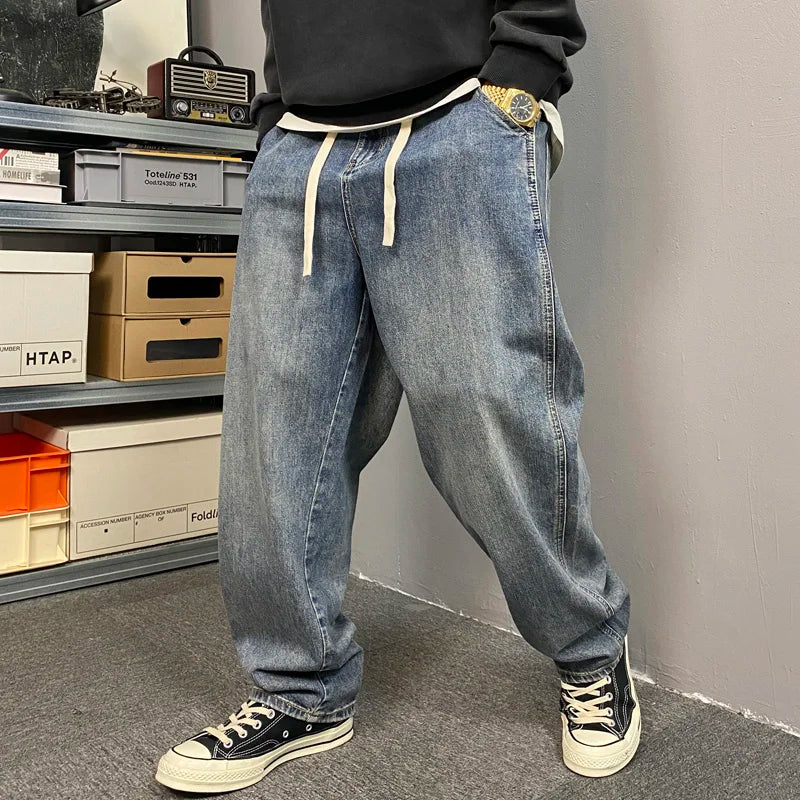 Voguable  American Style Casual Faded Wide Leg Jeans Men's Loose Fit plus Size Straight Cut Denim Pants Fashion Urban Wear Spring Autumn voguable