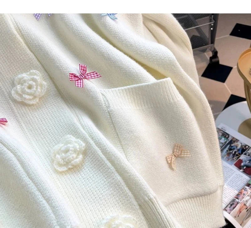 3D Floral Sweet Bow Cardigan Sweaters Women Preppy Style Loose V Neck Korean Knitted Jacket Casual Fashion Long Sleeve Fall Tops voguable