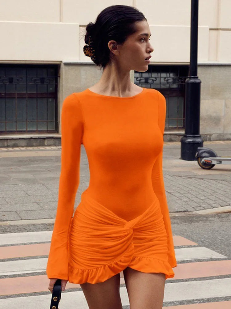 Ruffled Twist Skinny MIni Dress Women's Long Sleeve Patchwork High Waist Sexy Fashion Party Dress Female Y2k Bodycon Dress voguable