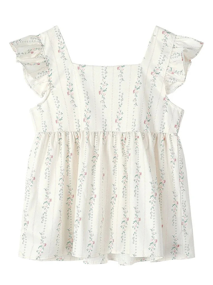 Floral Vintage Sweet Tanks Women Elegant Slim Flying Sleeve Casual Tanks Tops French Retro Square Collar Female Summer Tops voguable