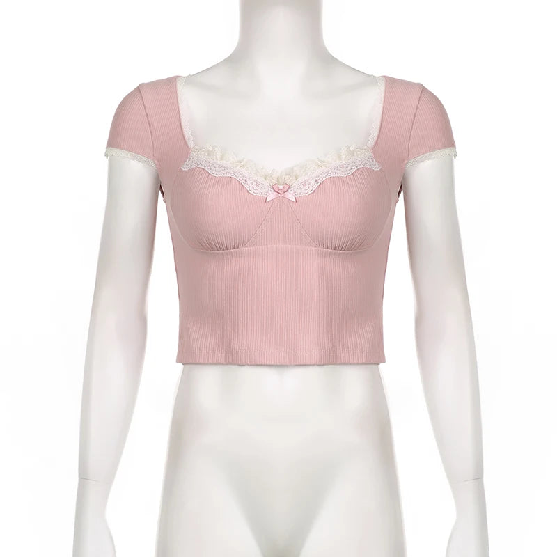 Voguable Kawaii Ribbed Knitted T-shirt Pink Lace Patchwork Milkmaid V-neck Cropped Top Lolita Style Sweet Casual Basic Pullovers voguable