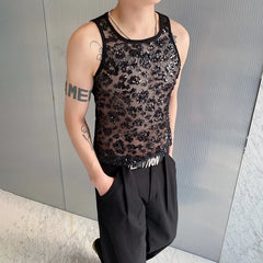 Voguable Sequin Splicing See-through Design Sexy Trendy Sleeveless Vest Original Personality Stylish Street Men's Tank Tops voguable