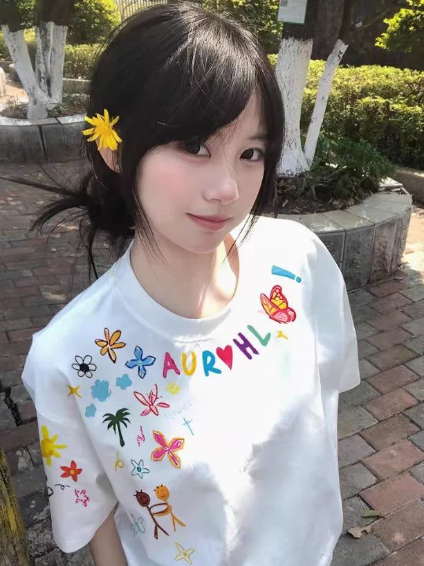 Women's Printing Flowers Tee Summer Sweet O-Neck Cotton High Street Loose Soft T-Shirt Oversize Casual Basic T-shirt Clothing voguable