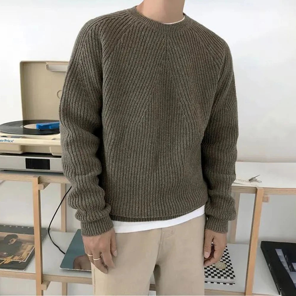 Voguable  Men Autumn Winter Korean Style Loose Round Neck Knitted Sweater Gender-Neutral Trendy Casual Solid Color Simple Sweater Unisex voguable