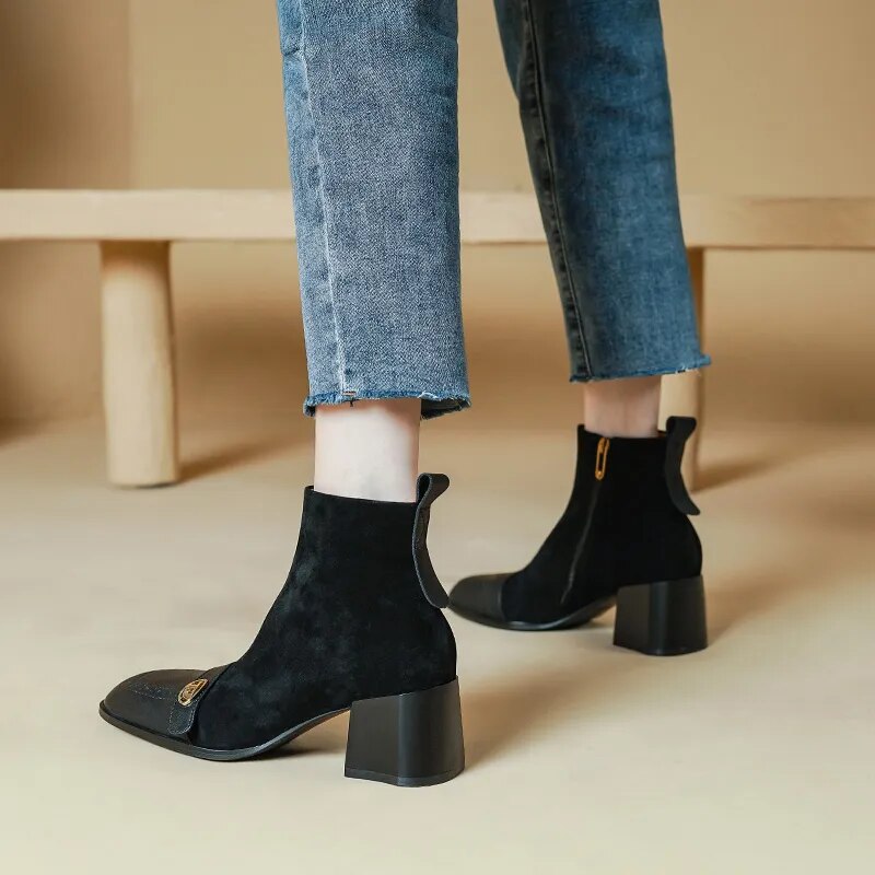 New Winter Women Boots Square Toe Chunky Heel Boots Genuine Leather Sheep Suede Leather Shoes for Women Retro Ankle Boots voguable
