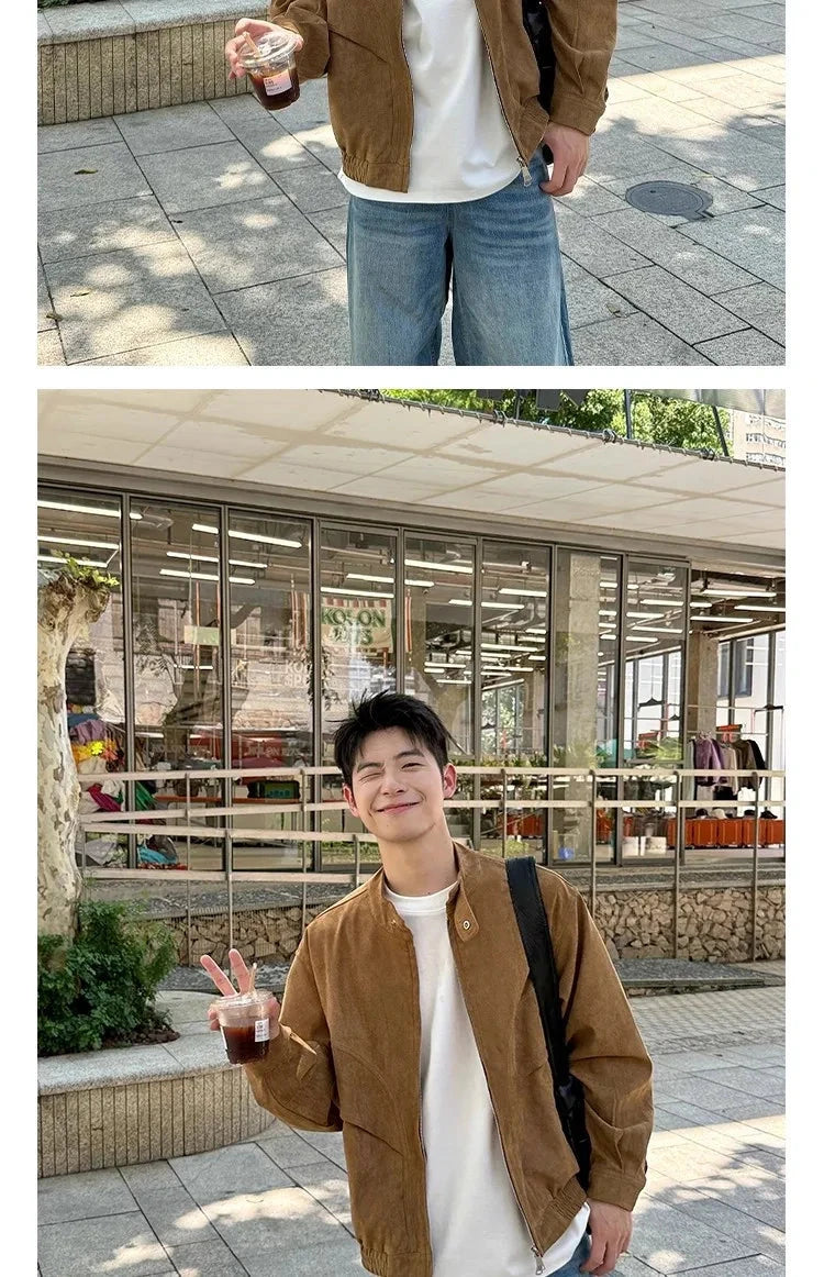 Khaki Cargos Stand Collar Jackets Men's Japanese Retro Streetwear Fashion Solid Color Zipper Long Sleeve Coats Autumn Clothing voguable