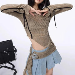 2000s Aesthetic Vintage T-shirts Women Sexy Y2k Punk Gyaru Long Sleeve Crop Streetwear Asymmetrical Top Slash Neck Tee voguable
