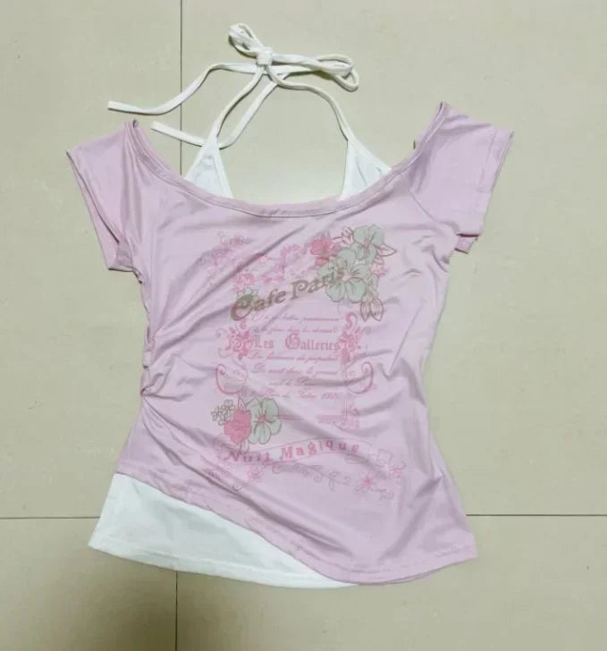 Voguable  Summer Fake Two Pieces Vintage T-shirts Halter Bandage Y2k Aesthetic Slim Crop Grunge Print Tops Women Harajuku Casual Sexy Tee voguable