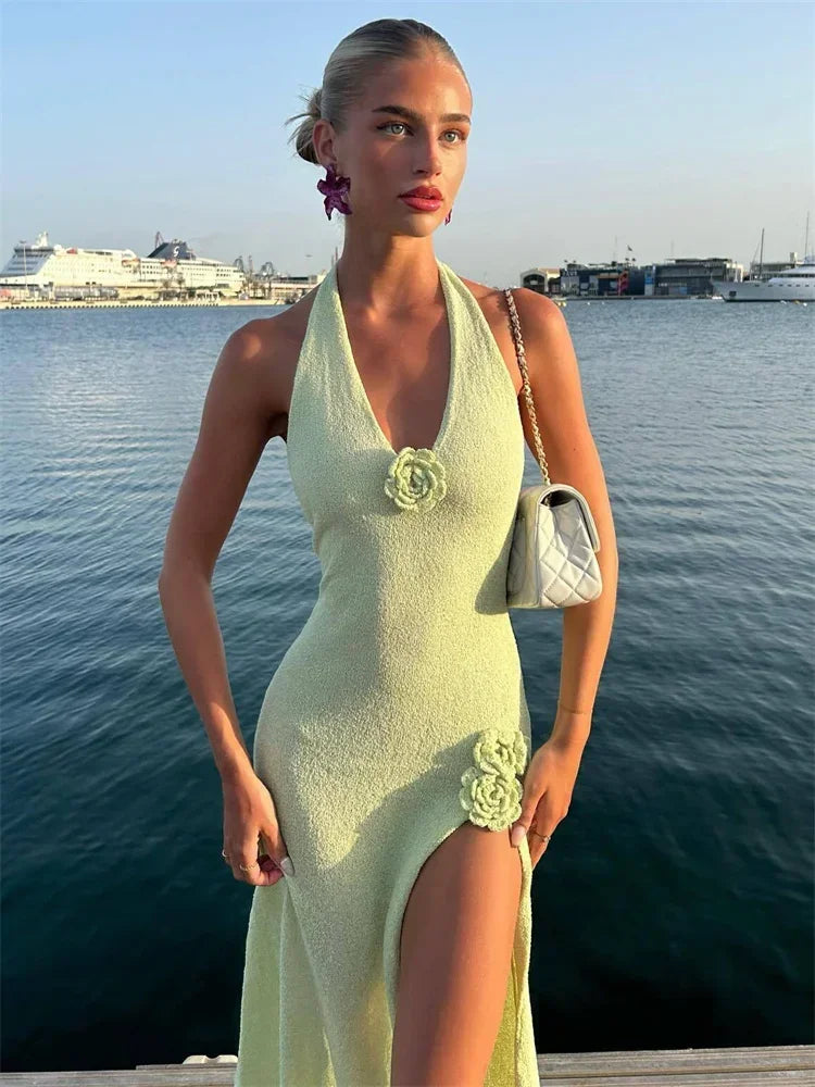 V-Neck Floral Knit Long Dress Women Sexy Slim Backless High Waist Split Sleeveless Fashion Dress For Women Knitwear Dress voguable