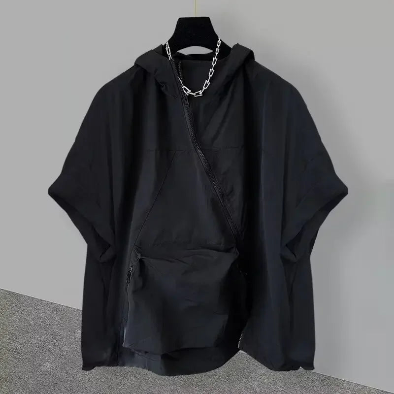 Voguable  Trendy Zip-Up Hooded Short Sleeve Men's T-Shirt Korean Style Loose Fit Large Pocket Summer Casual Tops voguable