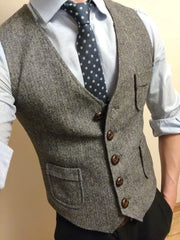 Men's Formal Suit Vest V-Neck Tweed Herringbone Waistcoat Business Dress Suit Vests for Wedding voguable