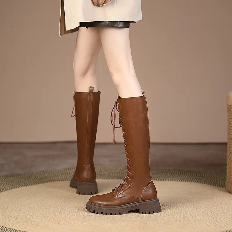 New Genuine Leather Lace-up Boots Women Zip Fashion Knee High Boots Thick Fur Winter Warm Motorcycle Boots Platform Boots voguable