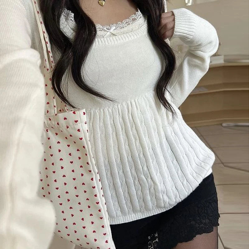 Vintage Babydoll Tops Pullovers Lady Aesthetic Coquette Knit Sweaters Outfit Autumn Square Neck Long Sleeve Knitwear Jumpers Y2k voguable