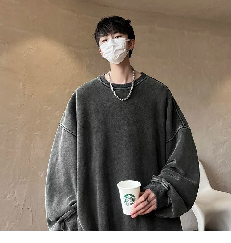 American Washed Old Pullovers Sweatshirts Men Loose Solid Color Autumn Large Size Warm O Neck Tops Hip Hop Y2k Sweatshirt voguable