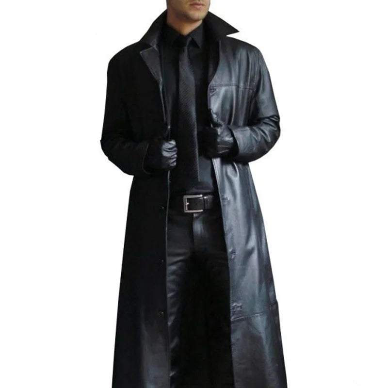 2024 Men Faux Leather Trench Fashion Long Sleeve Autumn Windbreaker Coat Slim Leather Long Leather Jacket Men's Jacket Outwear voguable