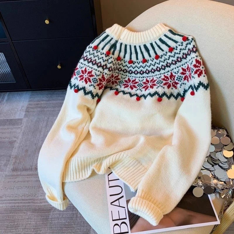 Sweet Print Christmas Red Sweater Women Cute O Neck Vintage Knitted Jumper Casual Korean Lady Fall Winter Preppy Style Loose Top voguable