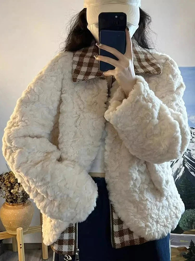 Sweet Cute Faux Lamb Coat Women Winter Thick Warm Plaid Patchwork Jacket Vintage Preppy Style Long Sleeve Kawaii Outwear Tops voguable