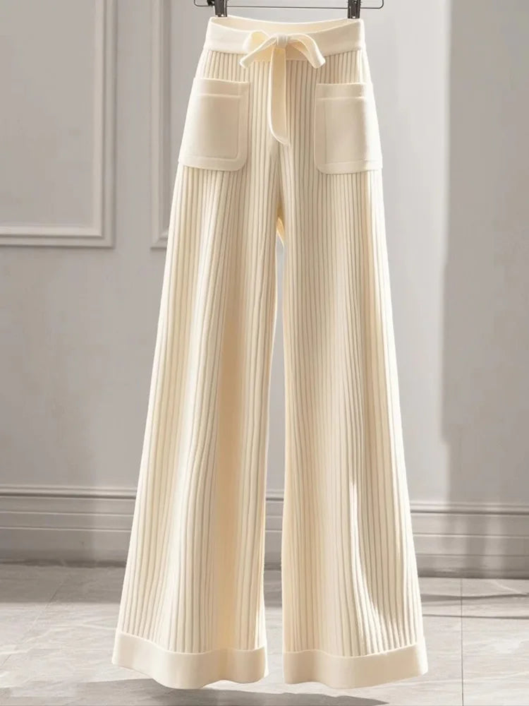 Elegant Sweet Knitted Pants Women Loose Fashion Pockets High Waist Trousers Casual Lady Fall Winter Lace Up Chic Wide Leg Pant voguable