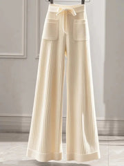 Elegant Sweet Knitted Pants Women Loose Fashion Pockets High Waist Trousers Casual Lady Fall Winter Lace Up Chic Wide Leg Pant voguable