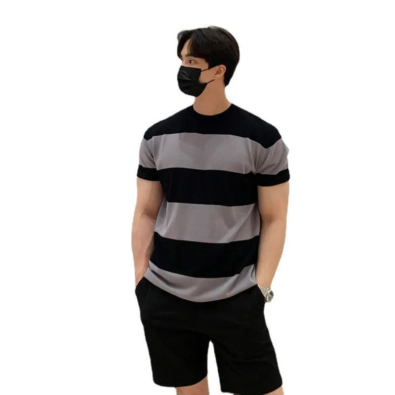 Men's Luxury Knitted Texture Striped T Shirt Casual Streetwear O Neck Button Short-Sleeved Tees Fashion Leisure Knitwear voguable