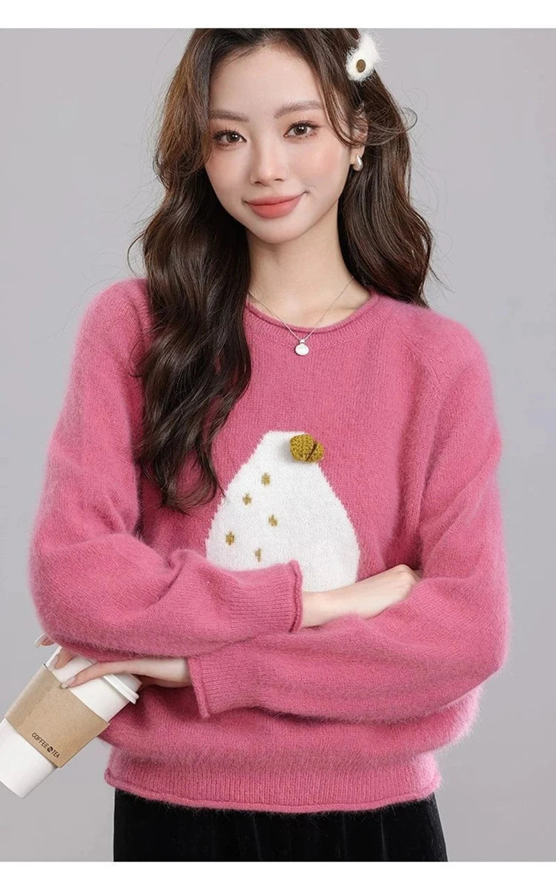 Chic Print Sweet Sweaters Women Casual Preppy Style Cute O Neck Pullover Loose Long Sleeve Fashion Fall Winter Korean Jumper New voguable