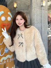 Cute Bow Faux Lamb Coat Women Sweet Winter Long Sleeve O Neck Jacket Slim Warm Korean Female Fashion Preppy Style Outwear Tops voguable