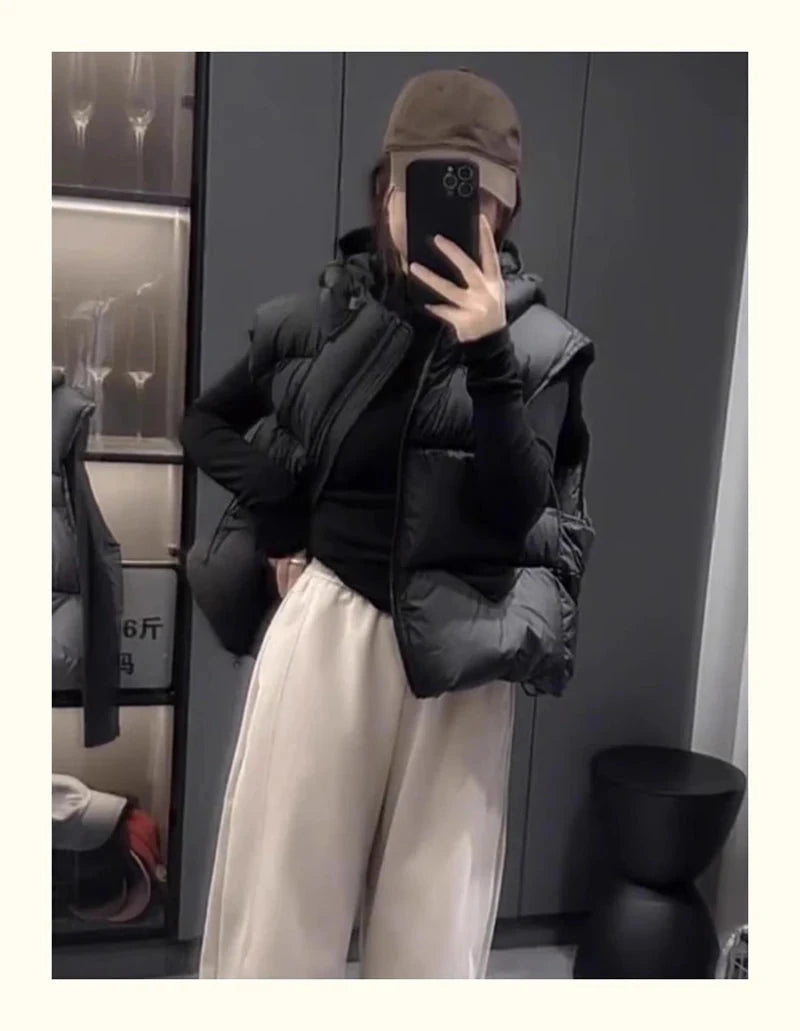 Vintage Y2K Puffy Vest Women Loose Sleeveless Warm Winter Cotton Vest Streetwear Casual Retro American Solid Hooded Vest voguable