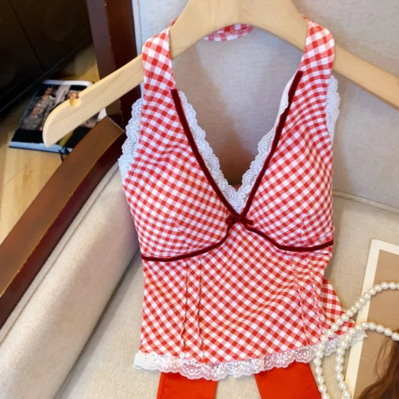 French Sweet Spicy Camis Hanging Neck Camisole Lace Patchwork Plaid Print Short Top Sexy Deep V-neck Bandage Halter Crop Tops voguable