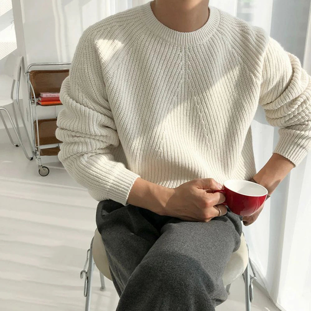 Voguable  Men Autumn Winter Korean Style Loose Round Neck Knitted Sweater Gender-Neutral Trendy Casual Solid Color Simple Sweater Unisex voguable