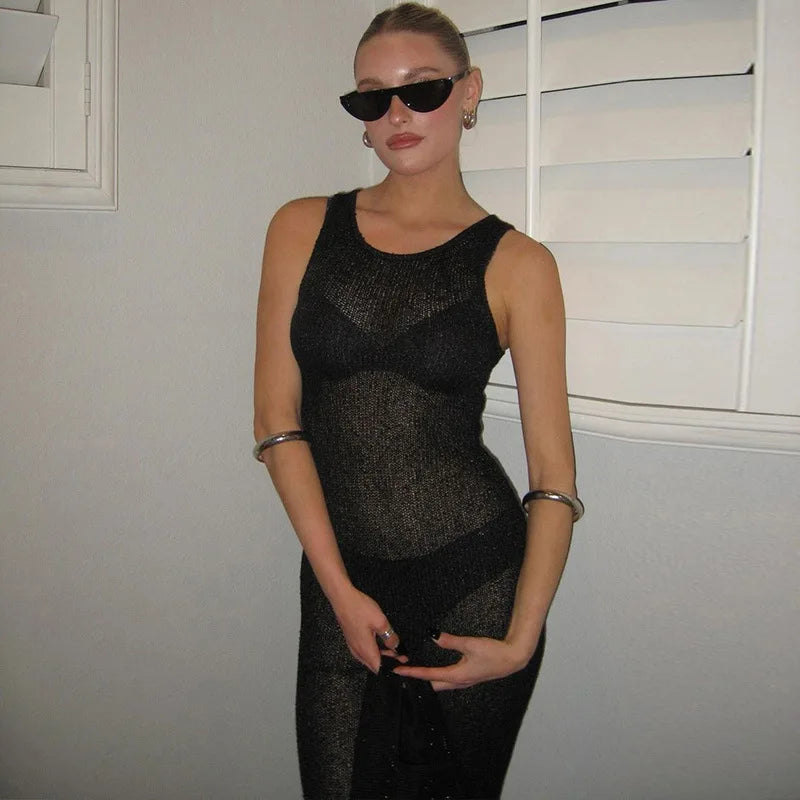 TARUXY Sexy See Through Sequins Maxi Dress For Women Beach Holiday Dress Sleeveless Elegant High Waist Bodycon Hot Girl Outfits voguable