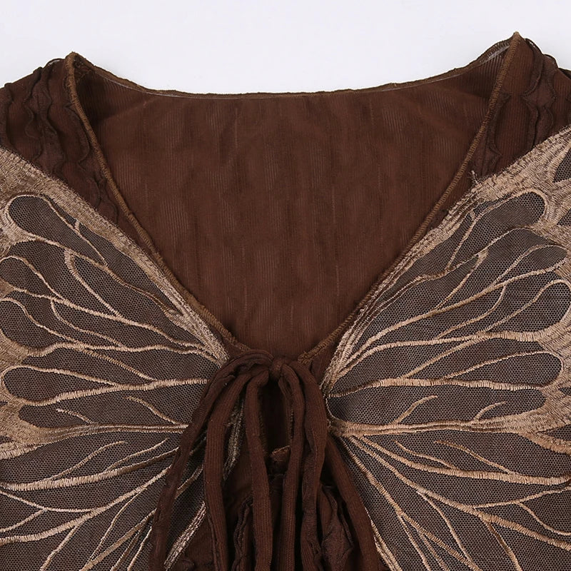 Voguable Lace Butterfly Patchwork Cardigan Top for Women Y2K Aesthetics Brown Bandage Long Sleeve T Shirts Grunge Fairycore voguable