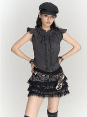 HOUZHOU Gothic Punk Vintage T Shirts Women Korean Style Harajuku Streetwear Patchwork Ruffled Sleeveless Slim Tees Top 2024 Chic voguable