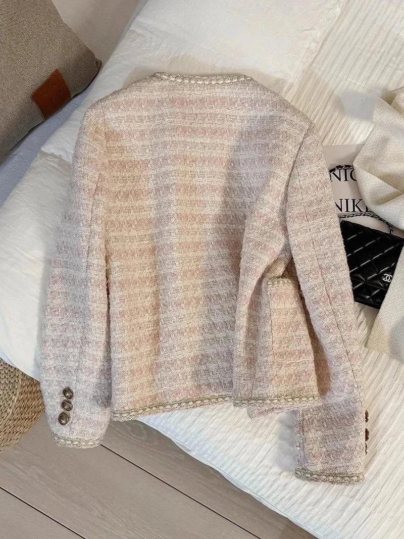 Pink Women Sweet Tweed Jacket Vintage Long Sleeve Slim O Neck Coat Korean Fall Winter Retro Small Fragrance Elegant Tops voguable