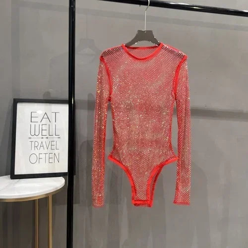 Voguable  Sexy Mesh Hollowed Out Jumpsuit T-shirt Rhinestone Round Neck Tight See-through One-piece Bottoming Shirt Ms voguable