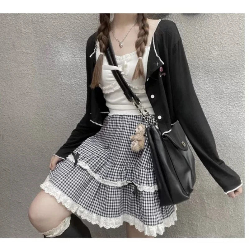 Kawaii Plaid Women Short Skirt Lolita Ruffle Japanese Style Lace Bow Mini Skirts Cutecore Sweet Pleated Preppy Skirt voguable
