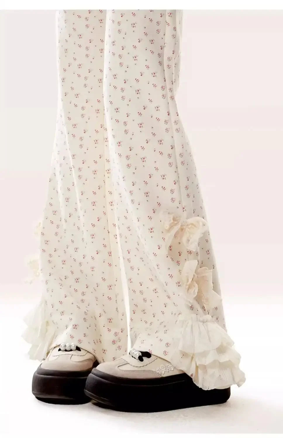 Bow Lace Floral Trousers for Women in Spring and Autumn New Casual Trousers Slim Pants for Daily Korean voguable