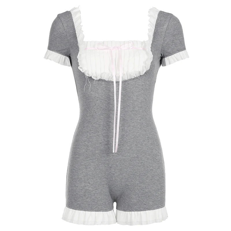 Voguable  Kawaii Contrast Patchwork Playsuit Women Coquette Folds Bow Square Collar Short Sleeve Jumpsuits Shorts Backless Y2K voguable