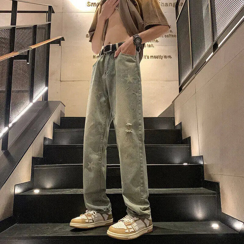 Straight Leg Plus Size Jeans men Vintage Wash Distressed Ripped Star Print Fashion Casual High Quality Trousers Men Retro Style voguable