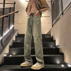 Straight Leg Plus Size Jeans men Vintage Wash Distressed Ripped Star Print Fashion Casual High Quality Trousers Men Retro Style voguable