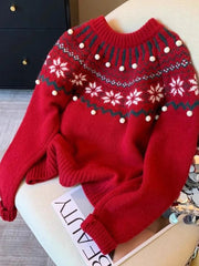 Sweet Print Christmas Red Sweater Women Cute O Neck Vintage Knitted Jumper Casual Korean Lady Fall Winter Preppy Style Loose Top voguable